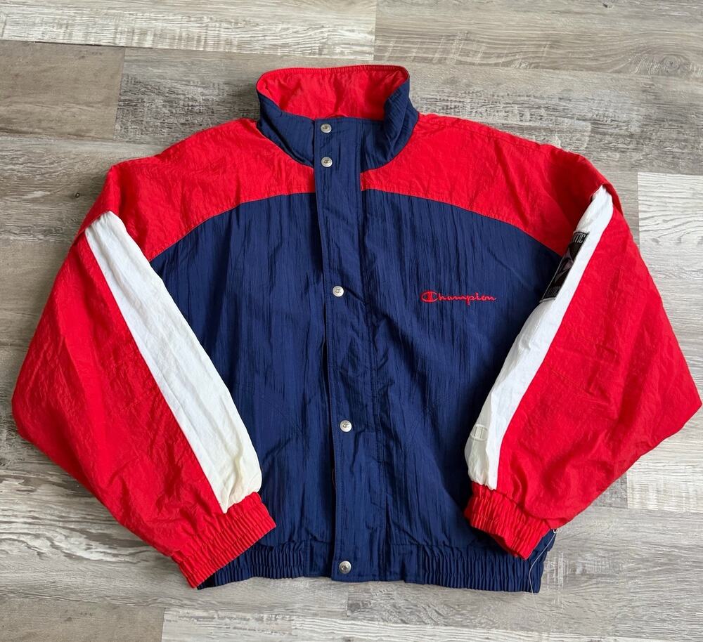 Vintage Champion Jacket Small Red Navy White Colorblock Spellout NWT 90s Y2K